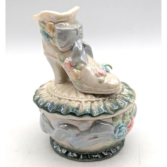 Vintage Trinket Box Victorian Boot Floral Green Ring Box - Picture 2 of 13